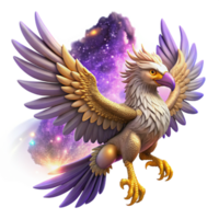 deslumbrante minimalista uma majestoso grifo com penas do ametista e ouro, subindo através uma nebulosa do rodopiando poeira estelar, fantasia arte estilo genuíno png