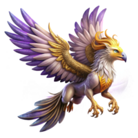 impressive modern A majestic griffin with feathers of amethyst and gold, soaring through a nebula of swirling stardust, fantasy art style professional png