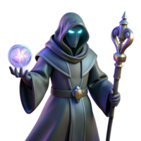 dramatic artistic An enigmatic figure cloaked in shadows, holding a staff emitting pulsating runes of light, dark fantasy art style high quality png