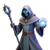 serene modern An enigmatic figure cloaked in shadows, holding a staff emitting pulsating runes of light, dark fantasy art style genuine png