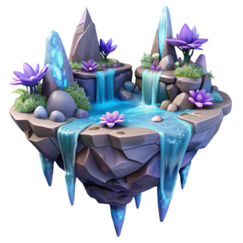 Maravilhoso rústico uma flutuando ilha do cristalino pedra, adornado com cachoeiras do líquido luz e etéreo flora, fantasia arte estilo autêntico png