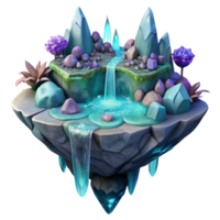 vibrant minimalist A floating island of crystalline rock, adorned with waterfalls of liquid light and ethereal flora, fantasy art style authentic png