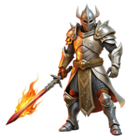 dramatic creative A lone warrior in ornate silver armor, wielding a flaming sword, dark and moody lighting, digital painting style genuine png