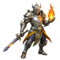 vibrant traditional A lone warrior in ornate silver armor, wielding a flaming sword, dark and moody lighting, digital painting style high quality png