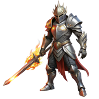 vibrant contemporary A lone warrior in ornate silver armor, wielding a flaming sword, dark and moody lighting, digital painting style high resolution png