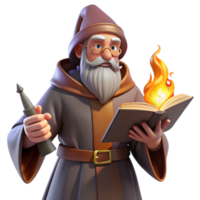 wonderful vintage A wise old wizard reading a spellbook, warm firelight, classical painting style premium png