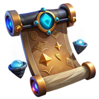 wonderful creative An ancient scroll inscribed with glowing runes, levitating above a table of arcane artifacts, fantasy art style exclusive png