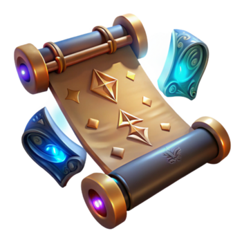 bellissimo rustico un antico scorrere inscritto con raggiante rune, levitante sopra un' tavolo di arcano artefatti, fantasia arte stile originale png