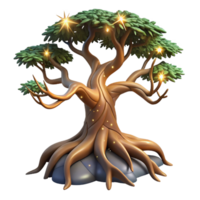 vibrant abstract An ancient, gnarled tree with roots reaching into the earth and branches touching the stars, fantasy art style authentic png