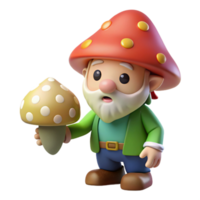 beautiful classic A curious gnome examining a magical mushroom, soft dappled lighting, children's book illustration style high quality png