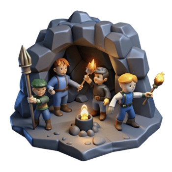 utöver det vanliga rustik en grupp av äventyrare utforska en mörk grotta, fackelsken, hålan crawler stil äkta png