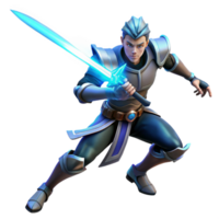 impressive creative A powerful warrior, wielding a plasma sword, stands ready for battle against a backdrop of a crumbling, futuristic cityscape. Dramatic lighting, dynamic pose premium png