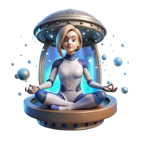 elegant contemporary A young woman with cybernetic implants, meditating in a zero-gravity chamber, surrounded by glowing particles. Peaceful, serene lighting, ethereal atmosphere high quality png