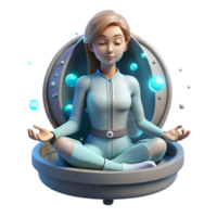 maravilloso resumen un joven mujer con cibernético implantes, meditando en un gravedad cero cámara, rodeado por brillante partículas pacífico, sereno Encendiendo, etéreo atmósfera exclusivo png