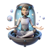 dramatic creative A young woman with cybernetic implants, meditating in a zero-gravity chamber, surrounded by glowing particles. Peaceful, serene lighting, ethereal atmosphere 4K png