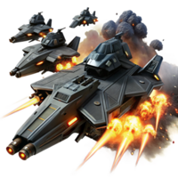 vibrant minimalist A fleet of sleek, black spaceships, armed with energy cannons, engages in a fierce battle against a backdrop of a fiery nebula. Dramatic lighting, action-packed composition premium png