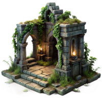 serene artistic A crumbling ancient ruin overgrown with vines, mysterious and atmospheric lighting, dark fantasy style genuine png