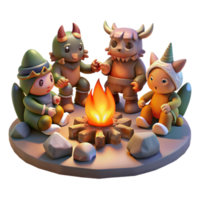 extraordinary creative A group of mythical creatures gathered around a campfire, warm and inviting lighting, fantasy art style detailed png