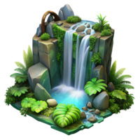 impressive rustic A cascading waterfall surrounded by lush green moss and ferns, fantasy art style, ethereal lighting, high quality png