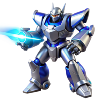 stunning vintage A powerful mecha, designed with sleek silver and blue lines, fires a beam of energy from its chest cannon. Bright, lens flare lighting effect. Realistic mecha anime style authentic png