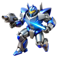 vibrant classic A powerful mecha, designed with sleek silver and blue lines, fires a beam of energy from its chest cannon. Bright, lens flare lighting effect. Realistic mecha anime style 4K png