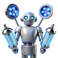 beautiful rustic A sleek, chrome medical robot with multiple articulated arms, holding surgical tools, illuminated by cool blue operating room lights in a hyperrealistic style original png
