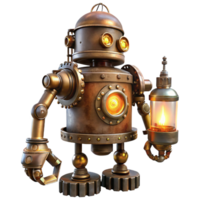 wonderful rustic A rusty, steampunk robot with exposed gears and glowing vacuum tubes, lit by flickering candlelight, in a vintage illustration style high quality png