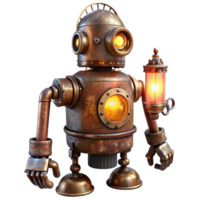 elegant vintage A rusty, steampunk robot with exposed gears and glowing vacuum tubes, lit by flickering candlelight, in a vintage illustration style premium png