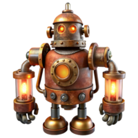 impressive vintage A rusty, steampunk robot with exposed gears and glowing vacuum tubes, lit by flickering candlelight, in a vintage illustration style premium png