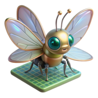 elegant traditional A tiny, insect-like robot with iridescent wings, perched on a microchip, illuminated by a scanning electron microscope, in a photorealistic style 4K png