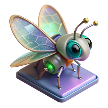 elegant creative A tiny, insect-like robot with iridescent wings, perched on a microchip, illuminated by a scanning electron microscope, in a photorealistic style high resolution png