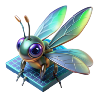 magnificent artistic A tiny, insect-like robot with iridescent wings, perched on a microchip, illuminated by a scanning electron microscope, in a photorealistic style exclusive png