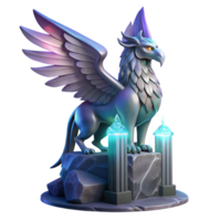 vibrant contemporary A majestic griffin with iridescent feathers, perched atop a crumbling obsidian tower, lit by a single beam of ethereal moonlight. Art Deco style authentic png