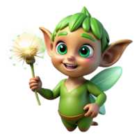 magnífico rústico uma caprichoso, pernicioso duende com brilhando esmeralda olhos, segurando uma dente de leão cabeça de semente, iluminado de macio, manchado luz solar. impressionista estilo profissional png