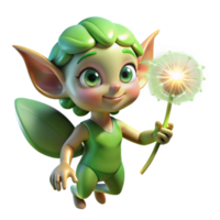 impressive vintage A whimsical, mischievous pixie with glowing emerald eyes, holding a dandelion seedhead, illuminated by soft, dappled sunlight. Impressionist style premium png