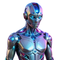dramatic rustic A futuristic, humanoid robot with translucent skin revealing intricate circuitry, illuminated by neon lights, in a cyberpunk style professional png