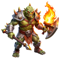 serene minimalist A fierce orc warrior wielding a flaming battle-axe, with intricate tribal tattoos glowing with infernal light. Dark fantasy style premium png