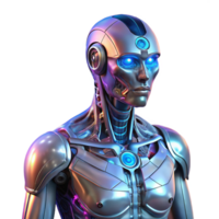 impressive traditional A futuristic, humanoid robot with translucent skin revealing intricate circuitry, illuminated by neon lights, in a cyberpunk style high resolution png
