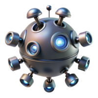 wonderful abstract A hovering, spherical robot with multiple cameras and sensors, illuminated by directional spotlights, in a futuristic, minimalist style original png