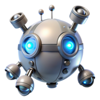 wonderful vintage A hovering, spherical robot with multiple cameras and sensors, illuminated by directional spotlights, in a futuristic, minimalist style detailed png