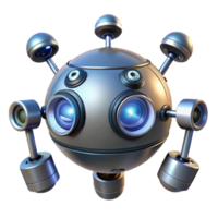 impressive contemporary A hovering, spherical robot with multiple cameras and sensors, illuminated by directional spotlights, in a futuristic, minimalist style premium png