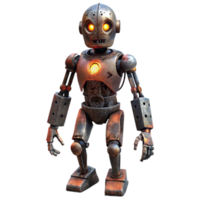beautiful creative A damaged, post-apocalyptic robot with missing limbs and exposed wires, illuminated by the dim light of a ruined city, in a dark, gritty style professional png