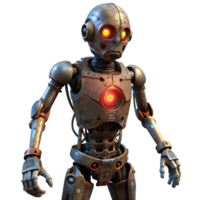 dramatic modern A damaged, post-apocalyptic robot with missing limbs and exposed wires, illuminated by the dim light of a ruined city, in a dark, gritty style detailed png