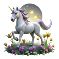 vibrant abstract A ethereal unicorn with a silver coat and a golden horn, prancing through a field of moonlit flowers. Romantic style high quality png