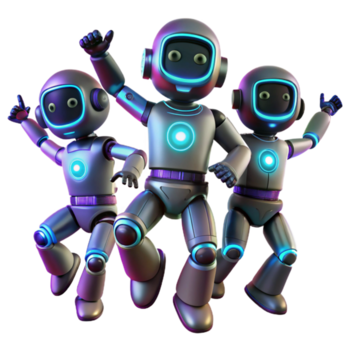dramatic rustic A group of synchronized dancing robots with glowing LED lights, illuminated by stage lighting, in a dynamic, energetic style premium png