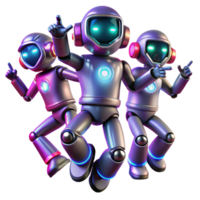 wonderful minimalist A group of synchronized dancing robots with glowing LED lights, illuminated by stage lighting, in a dynamic, energetic style high resolution png