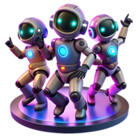 serene traditional A group of synchronized dancing robots with glowing LED lights, illuminated by stage lighting, in a dynamic, energetic style exclusive png