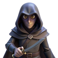 magnificent minimalist A cunning rogue with a hooded cloak and daggers at the ready, lurking in the shadows, lit by a single ray of moonlight. Noir fantasy style premium png