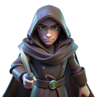 extraordinary traditional A cunning rogue with a hooded cloak and daggers at the ready, lurking in the shadows, lit by a single ray of moonlight. Noir fantasy style high quality png