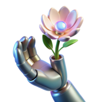 beautiful modern A robotic hand holding a delicate flower, illuminated by soft, natural light, in a poetic style professional png